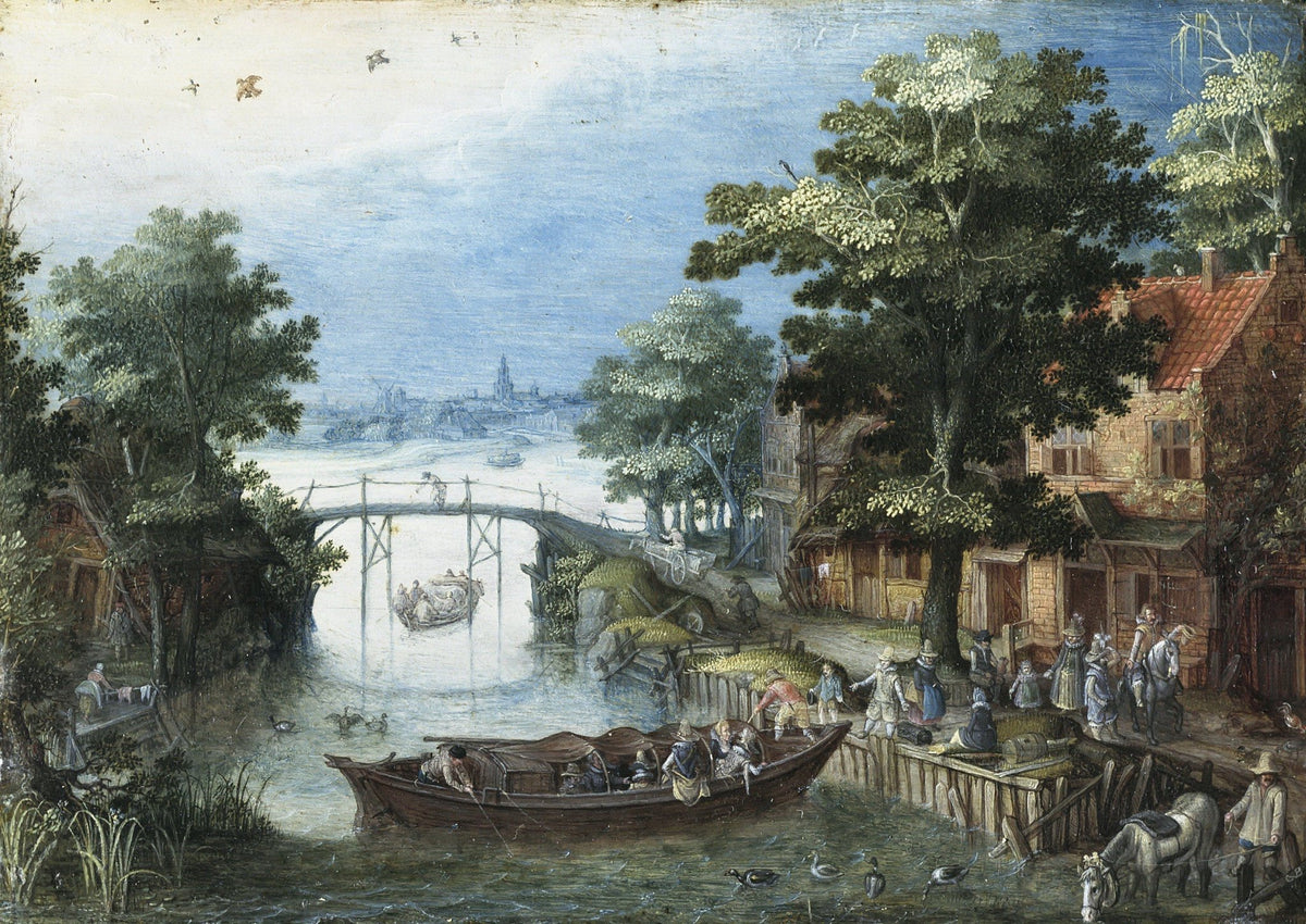 Hand-painted riverside village with boats and bridge landscape oil painting on canvas