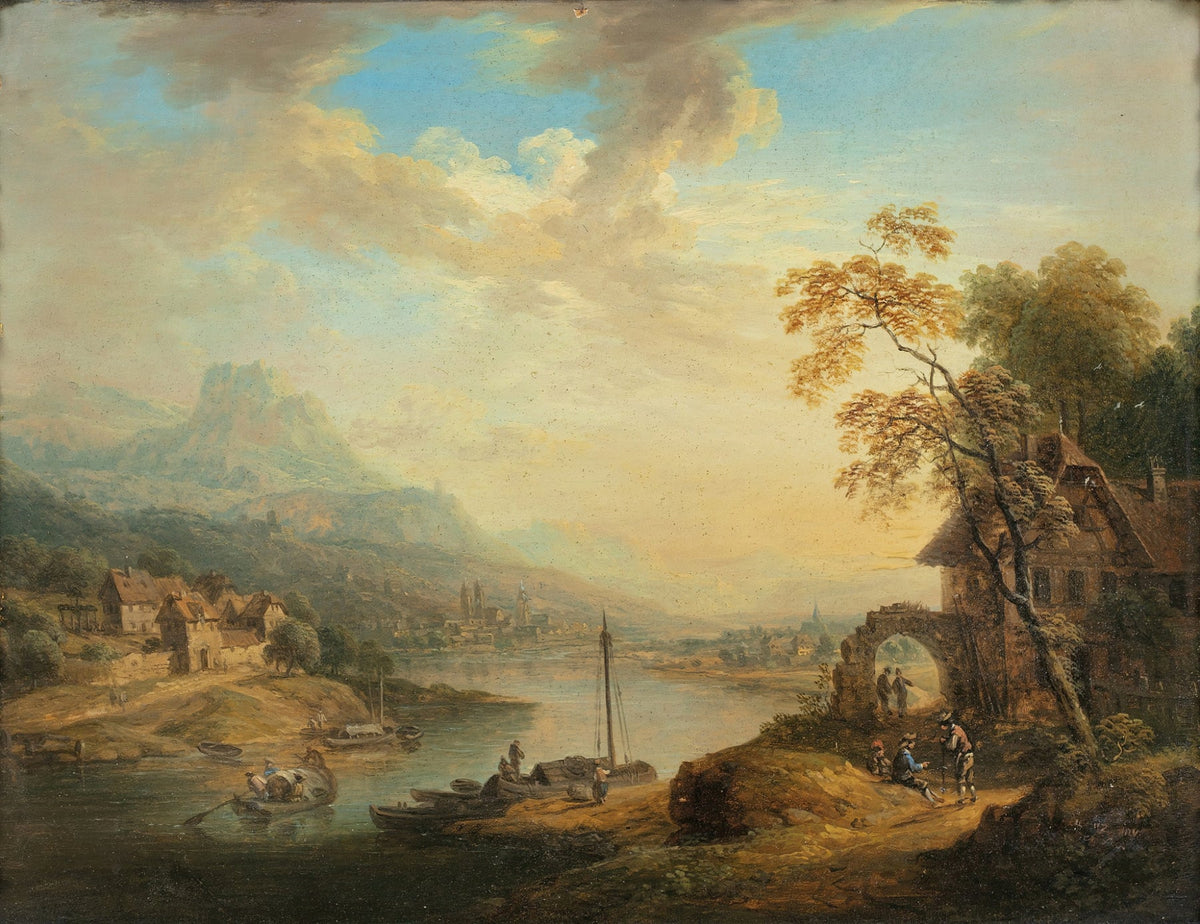 Hand-painted riverside village with boats at sunset landscape oil painting on canvas