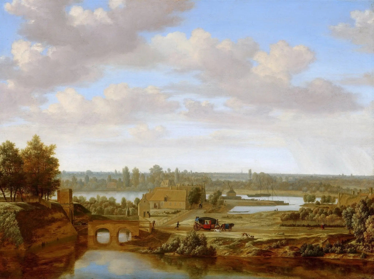 Hand painted landscape oil painting on canvas showing a riverside village with a stone bridge, carriage, and textured. - Add Frame, Architecture, Canvas, Hand Painted, Landscape, Made To Order, Oil Painting, River, Village