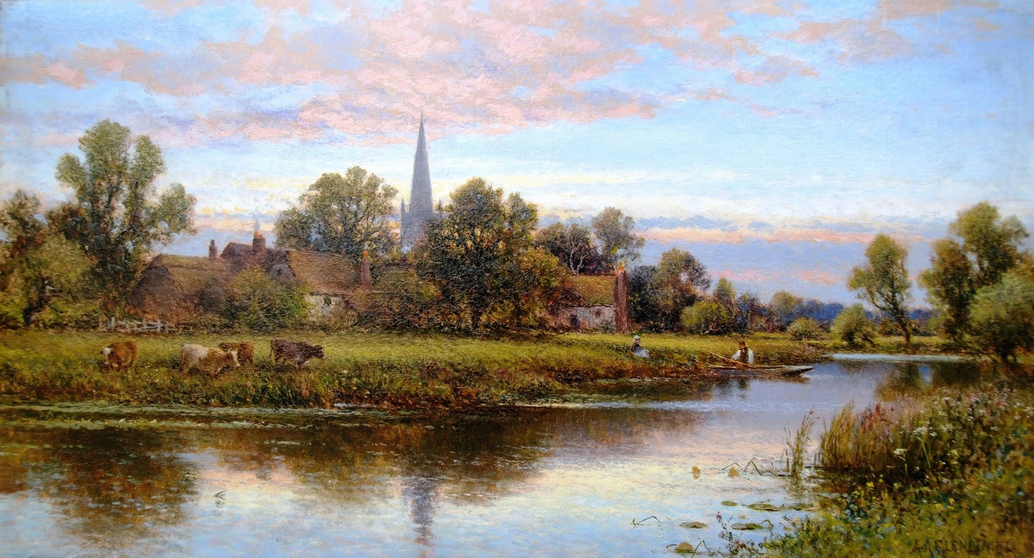 Hand-painted riverside village with church and boat landscape oil painting on canvas