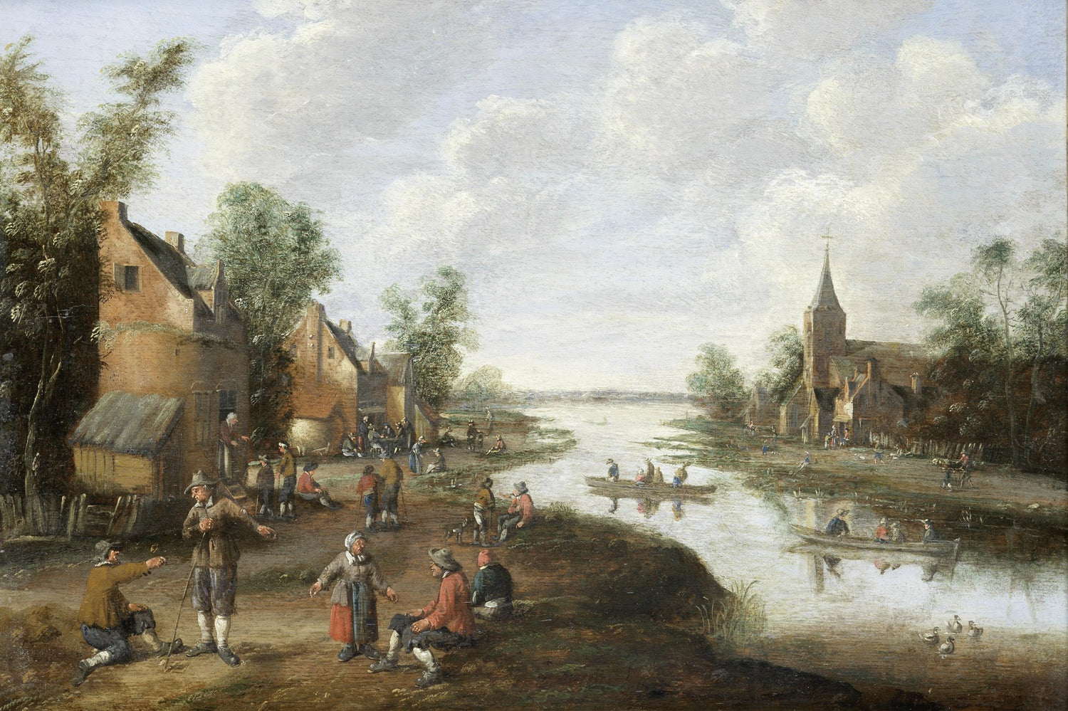 Hand-painted riverside village with church and boats landscape oil painting on canvas