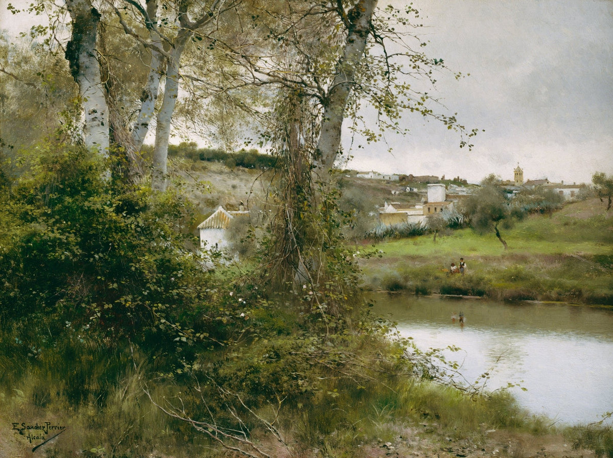 Hand painted landscape oil painting on canvas depicting riverside village with trees and figures, textured brushwork. - Add Frame, Canvas, Country, Figure, Forest, Hand Painted, Landscape, Made To Order, Oil Painting, River, Village