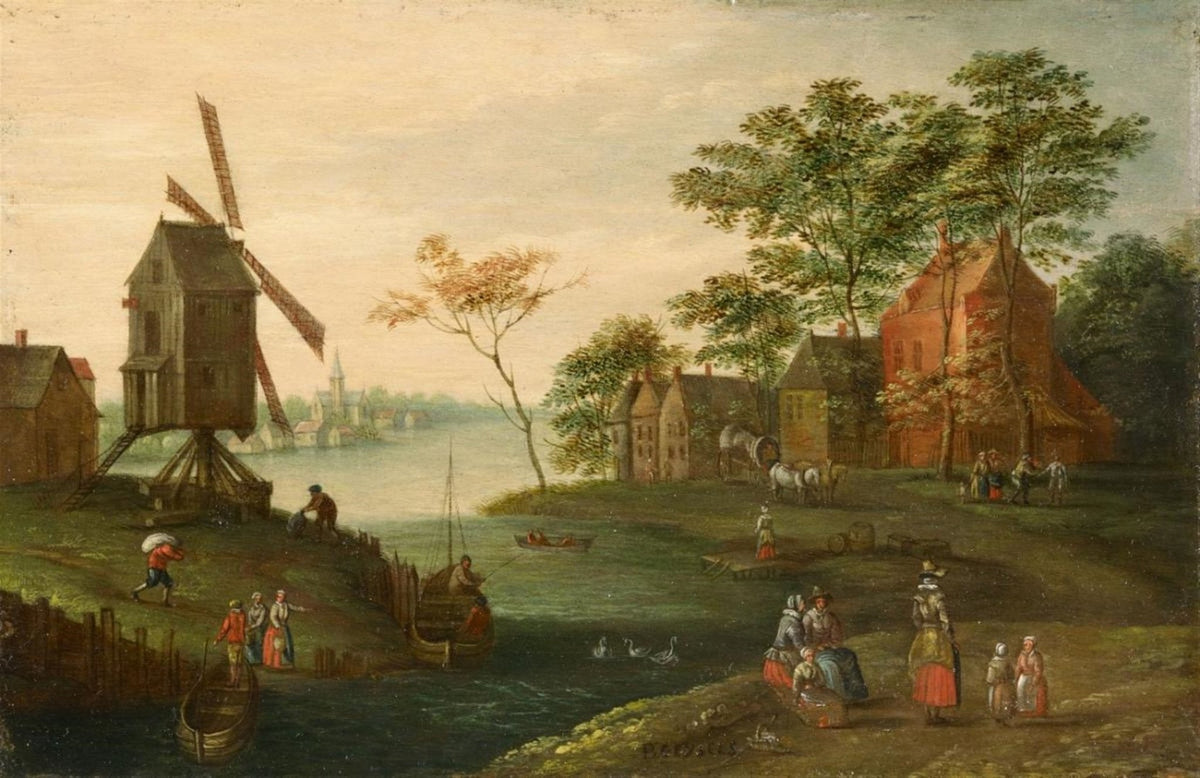 Hand-painted riverside windmill village scene landscape oil painting on canvas