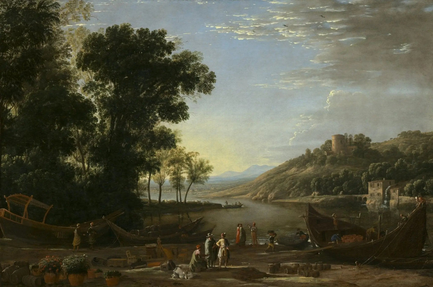 Hand painted oil on canvas landscape oil painting with riverside boats, figures, and textured brushwork under a cloudy sky. - Add Frame, Boat, Canvas, Figure, Hand Painted, Landscape, Made To Order, Oil Painting, River