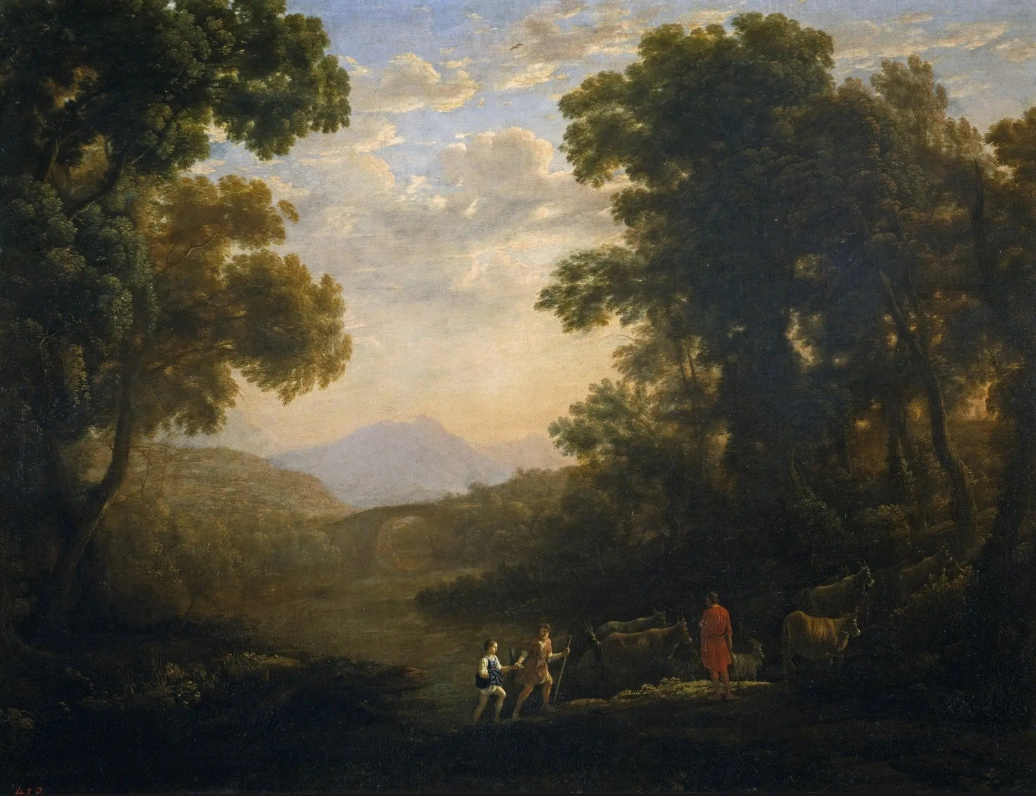 Landscape oil painting with riverside figures and cattle, lush trees framing textured brushwork oil on canvas. - Add Frame, Animal, Canvas, Country, Farm, Figure, Hand Painted, Landscape, Made To Order, Oil Painting, River