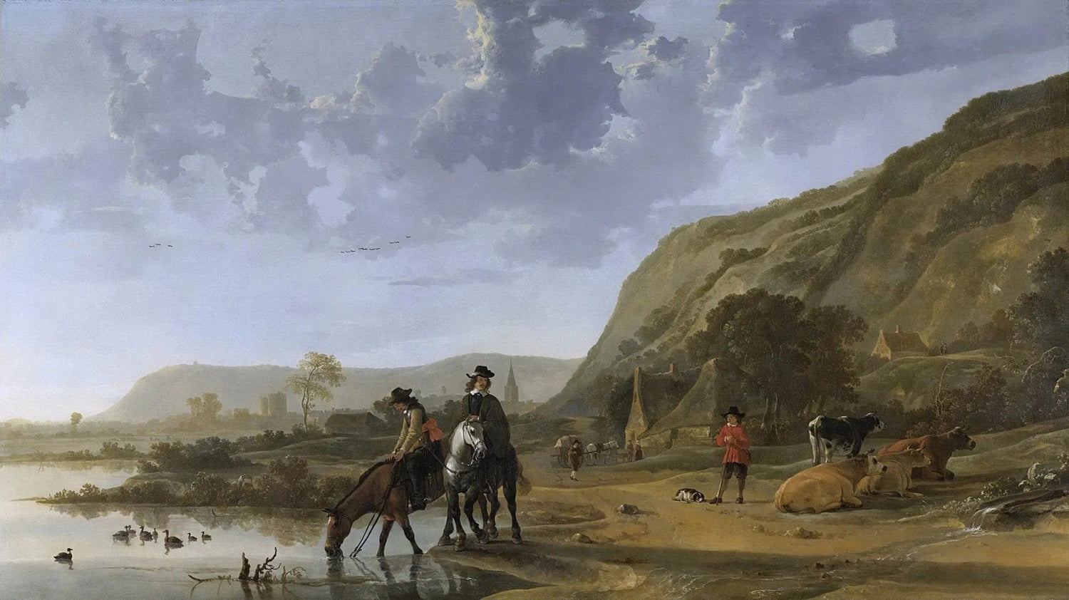 Landscape oil painting with figures on horseback and walking near a riverbank, animals grazing nearby, textured brushwork on . - Add Frame, Animal, Canvas, Country, Farm, Figure, Hand Painted, Landscape, Made To Order, Oil Painting, River