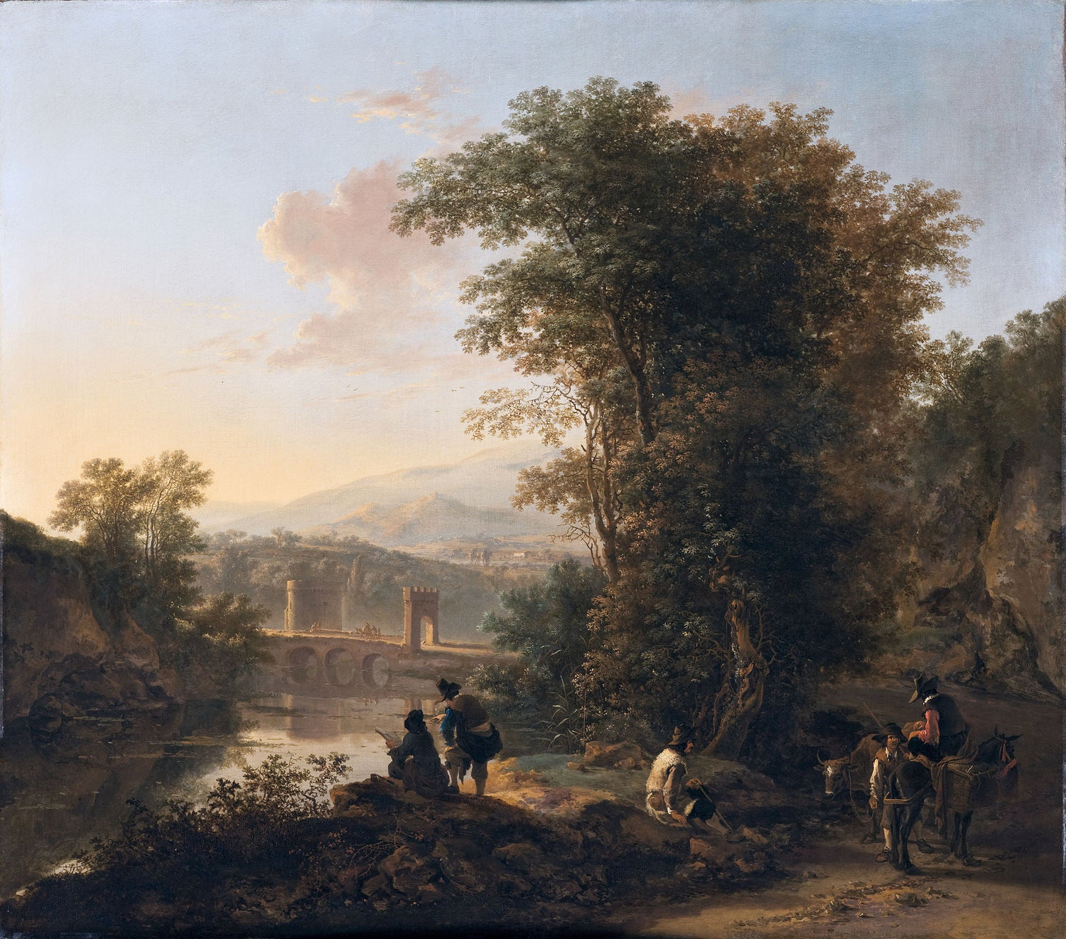 Hand painted landscape oil painting on canvas depicting a riverside scene with figures, arched stone bridge, large trees,. - Add Frame, Architecture, Canvas, Figure, Hand Painted, Landscape, Made To Order, Mountain, Oil Painting, River
