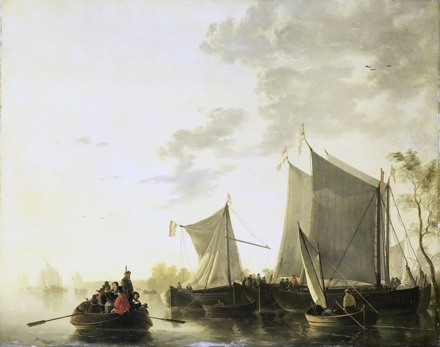 Landscape oil painting with sailing ships and figures on a calm river, hand painted oil on canvas with textured brushwork in . - Add Frame, Canvas, Figure, Hand Painted, Landscape, Made To Order, Oil Painting, River