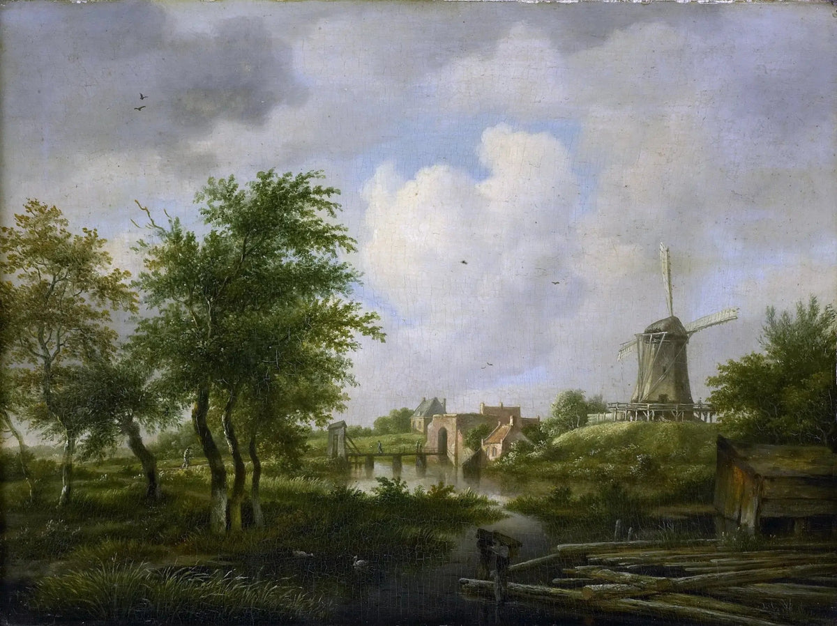Landscape oil painting of a riverside windmill and rural buildings with textured brushwork on oil on canvas, hand painted in . - Add Frame, Architecture, Canvas, Country, Hand Painted, Landscape, Made To Order, Oil Painting, River