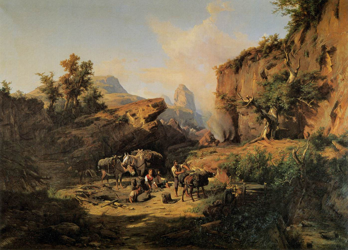 Hand-painted rocky canyon camp with travelers landscape oil painting on canvas