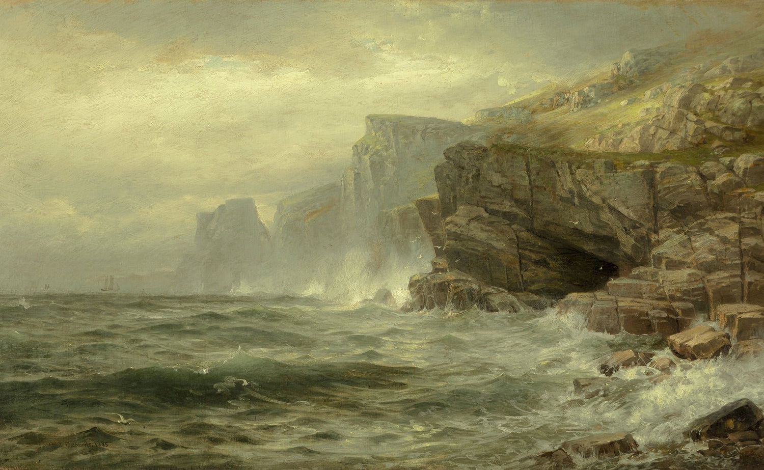 Landscape Oil Painting - Rocky Cliffs, Churning Waves & Misty Seaside - Oil Painting Haven