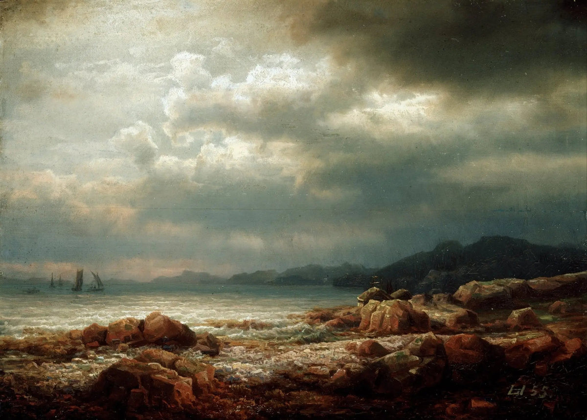 Landscape oil painting with rocky coastal foreground, stormy sky, and distant ships, showcasing textured brushwork on oil on . - Add Frame, Canvas, Coastal, Hand Painted, Landscape, Made To Order, Oil Painting, Seascape