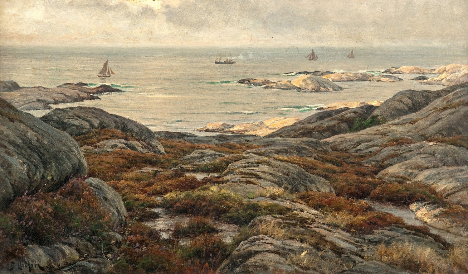 Landscape Oil Painting - Rocky Coastal Seascape, Ships & Rugged Terrain - Oil Painting Haven