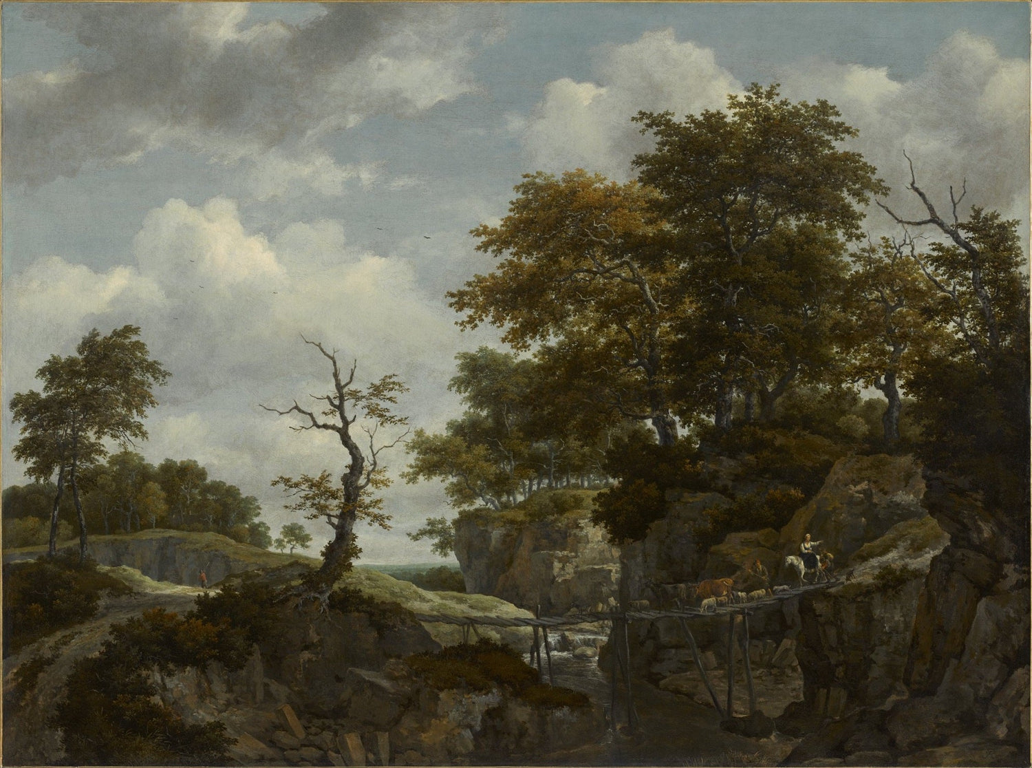 Hand-painted rocky gorge bridge with cattle landscape oil painting on canvas
