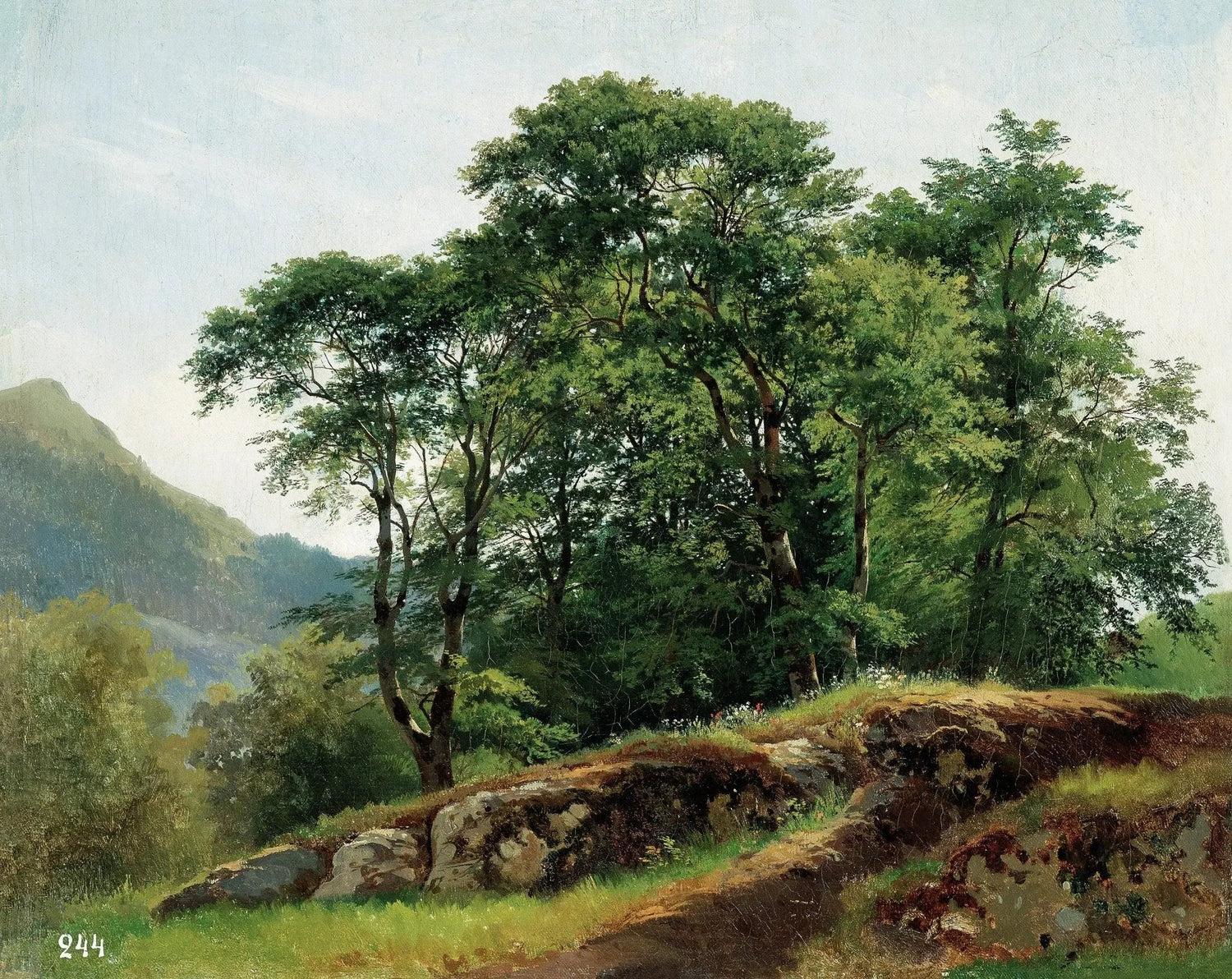 Landscape oil painting with textured brushwork featuring rocky hill and lush green trees, hand painted oil on canvas. - Add Frame, Canvas, Forest, Hand Painted, Landscape, Made To Order, Mountain, Oil Painting