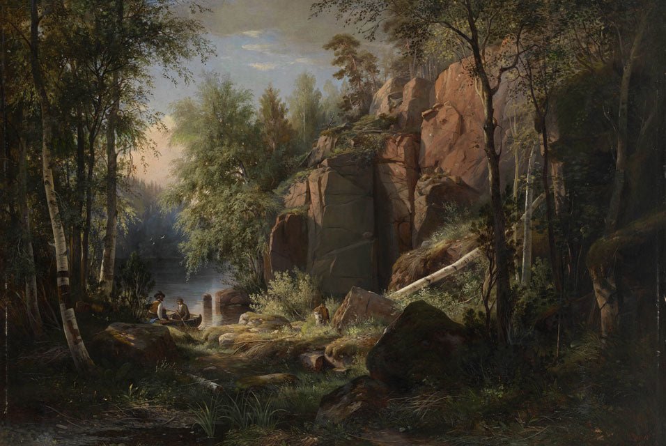 Hand-painted rocky lakeside forest with figures landscape oil painting on canvas