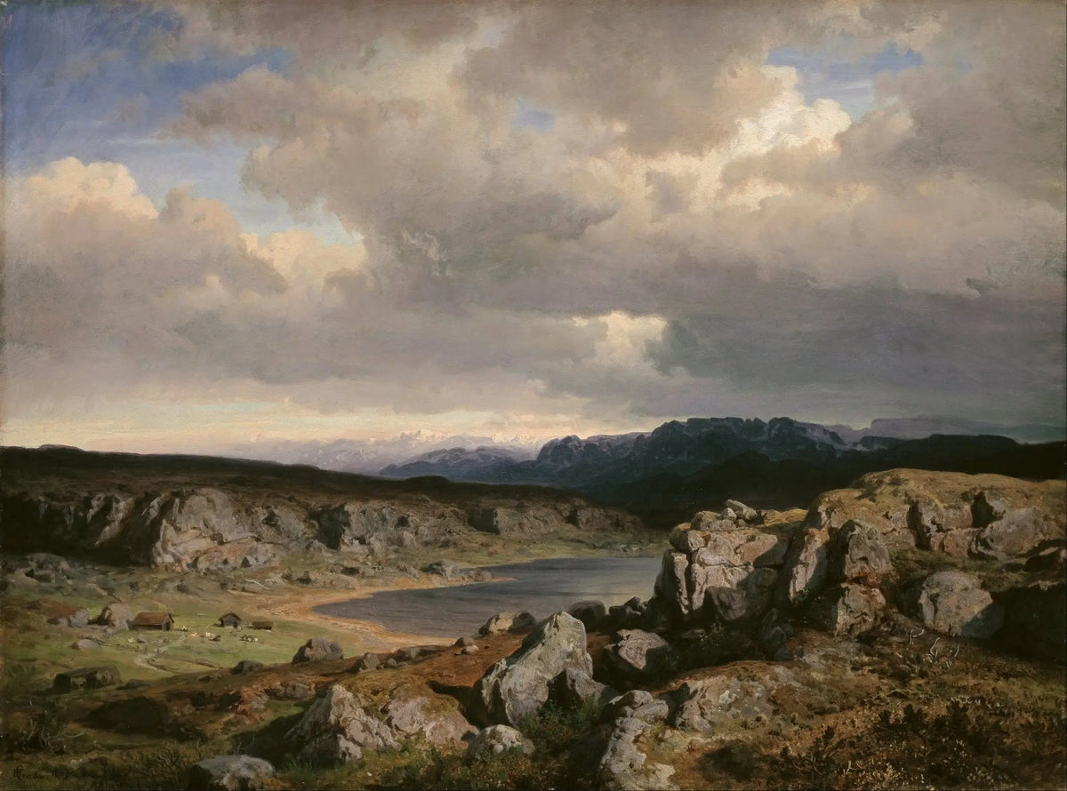 Landscape oil painting of rocky lakeside with distant mountains under a cloudy sky, textured brushwork on canvas. - Add Frame, Canvas, Hand Painted, Lake, Landscape, Made To Order, Mountain, Oil Painting