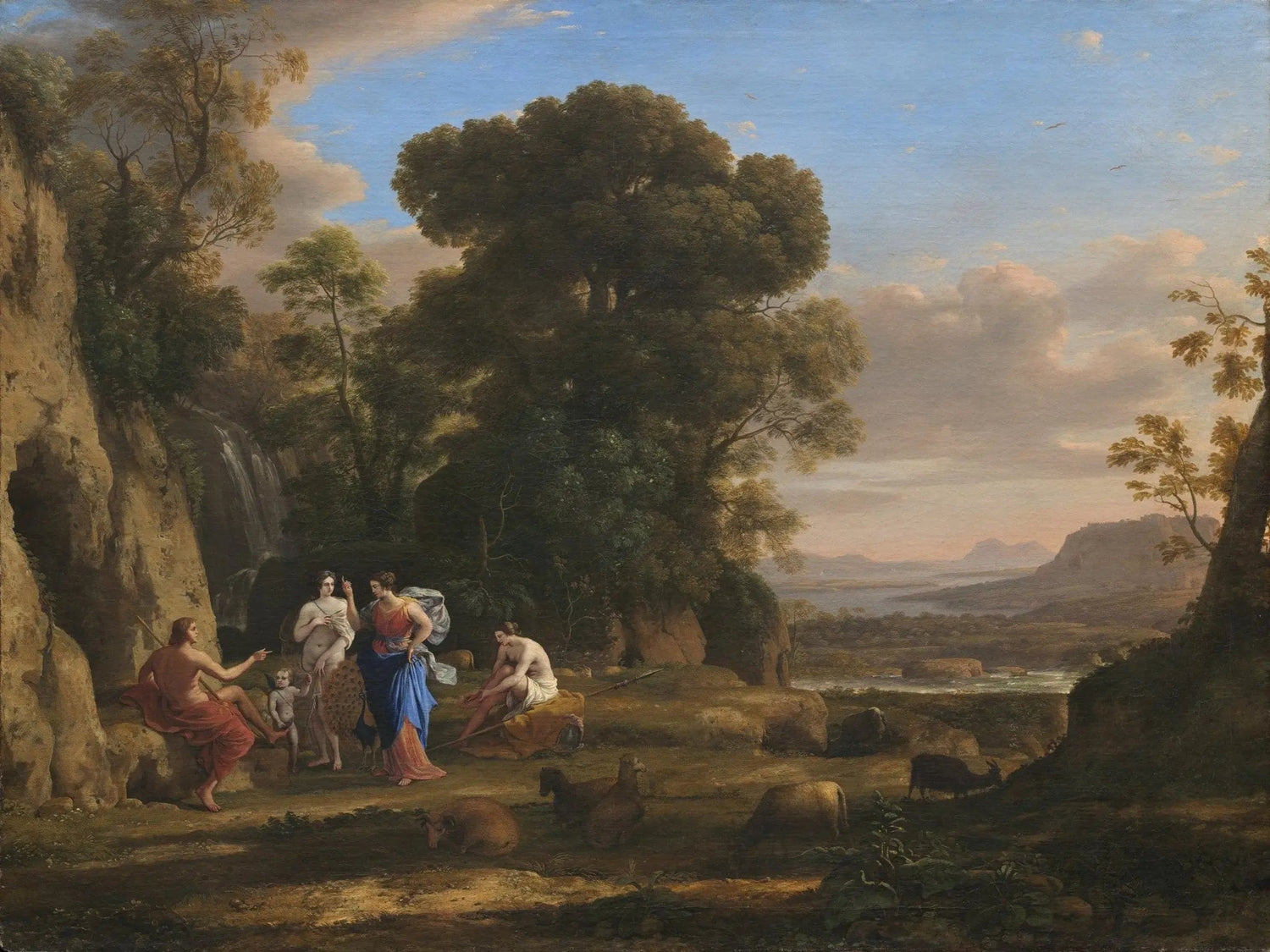 Hand painted landscape oil painting on canvas featuring rocky terrain, figures in colorful clothing, grazing animals, and. - Add Frame, Animal, Canvas, Figure, Hand Painted, Landscape, Made To Order, Oil Painting, Waterfall