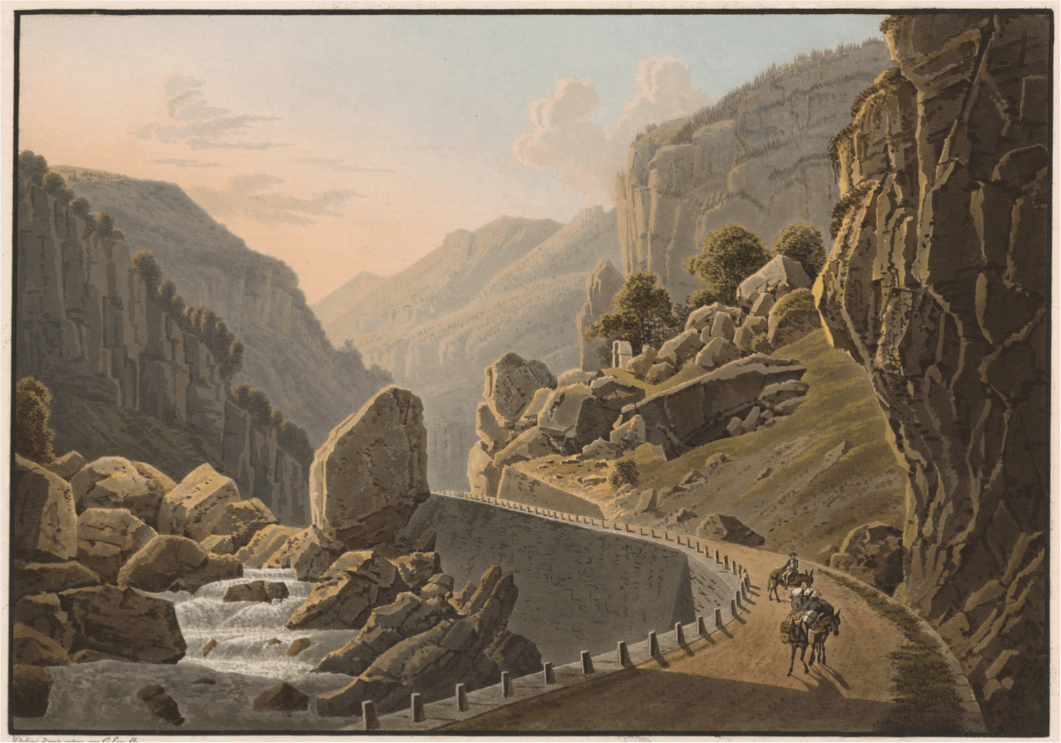 Hand-painted rocky mountain gorge road with riders landscape oil painting on canvas