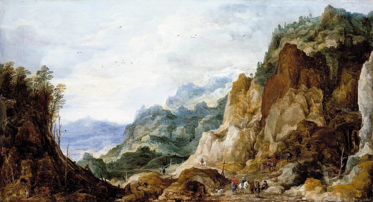 Hand-painted rocky mountain pass with travelers landscape oil painting on canvas
