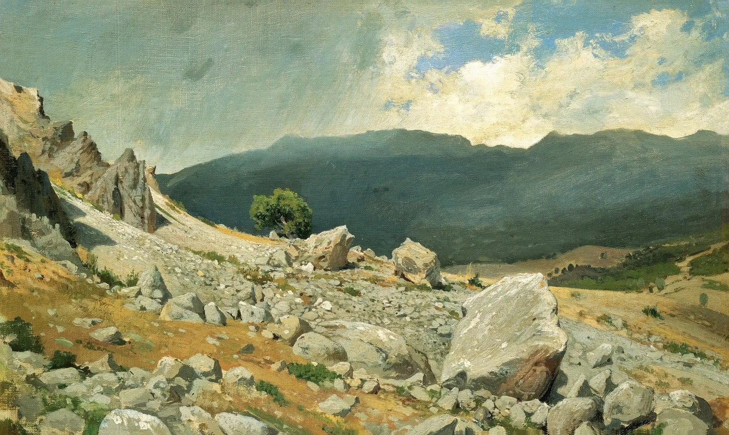 Hand painted landscape oil painting on canvas depicting rocky mountain slope, distant peaks, and textured brushwork with. - Add Frame, Canvas, Forest, Hand Painted, Landscape, Made To Order, Mountain, Oil Painting
