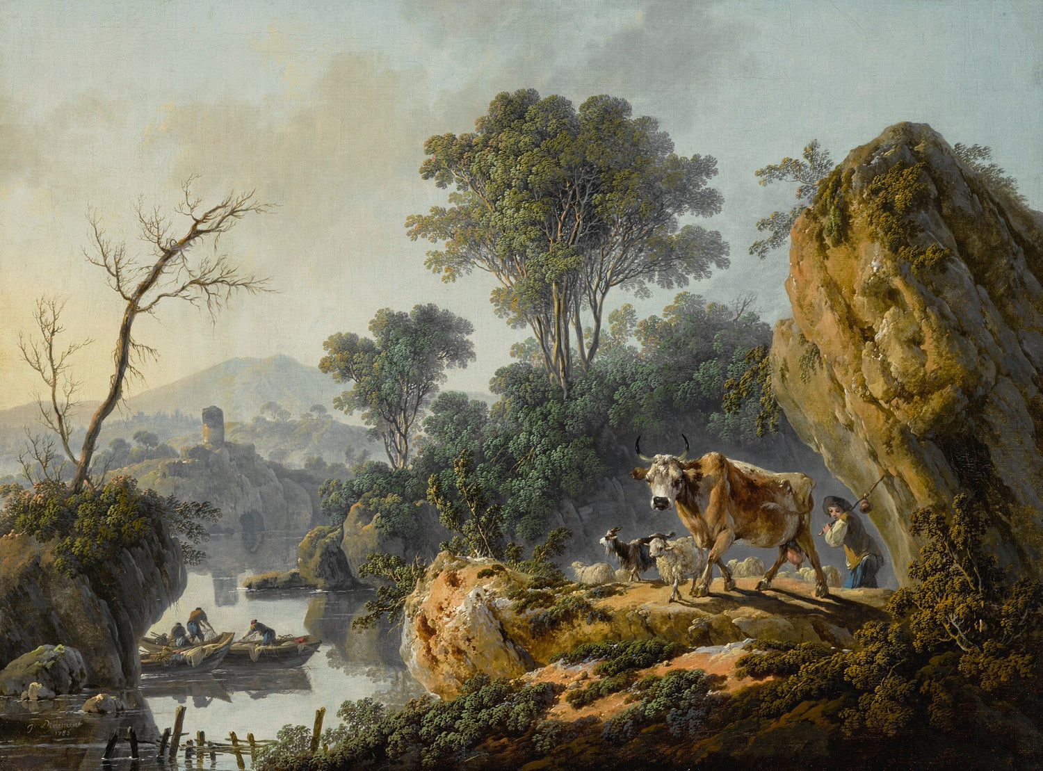 Hand-painted rocky river gorge with cow and boats landscape oil painting on canvas