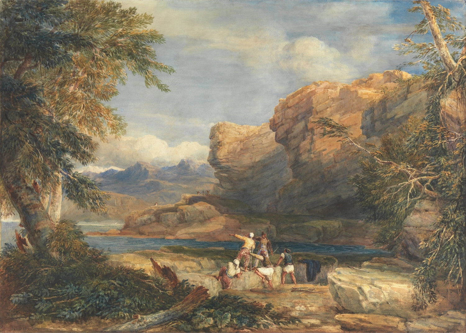 Hand-painted rocky river gorge with travelers landscape oil painting on canvas
