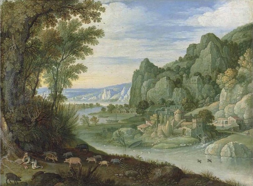 Hand-painted rocky river valley with village landscape oil painting on canvas