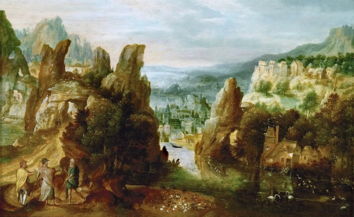 Hand painted oil on canvas landscape oil painting with textured brushwork featuring a rocky river, village, and figures. - Add Frame, Canvas, Figure, Hand Painted, Landscape, Made To Order, Oil Painting, River, Village