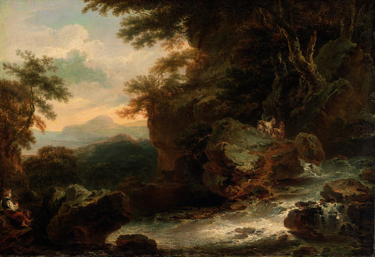 Hand-painted rocky stream with goats at sunset landscape oil painting on canvas