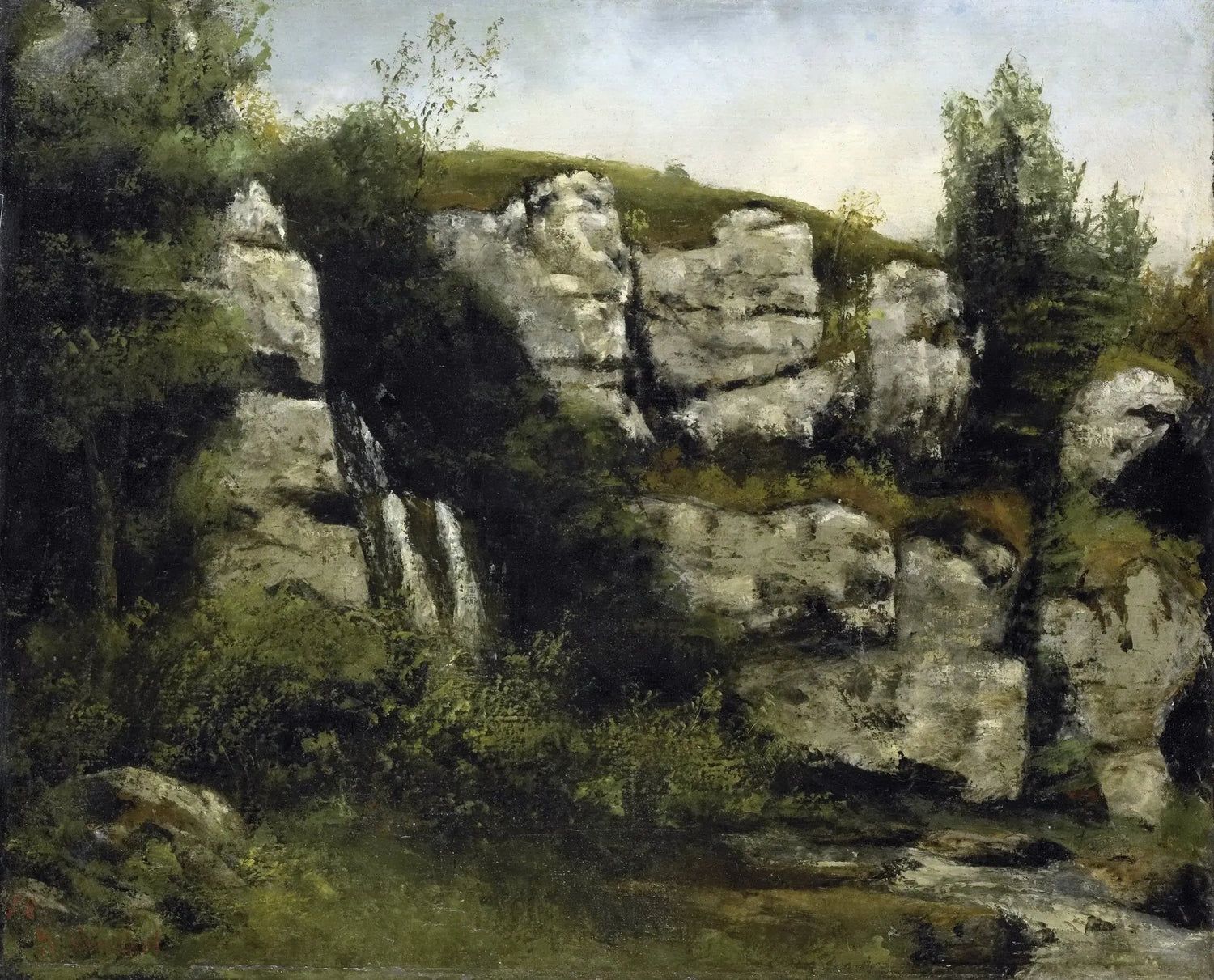 Hand painted oil on canvas landscape oil painting featuring a rocky cliff with a small textured waterfall surrounded by dark . - Add Frame, Canvas, Hand Painted, Landscape, Made To Order, Oil Painting, Waterfall