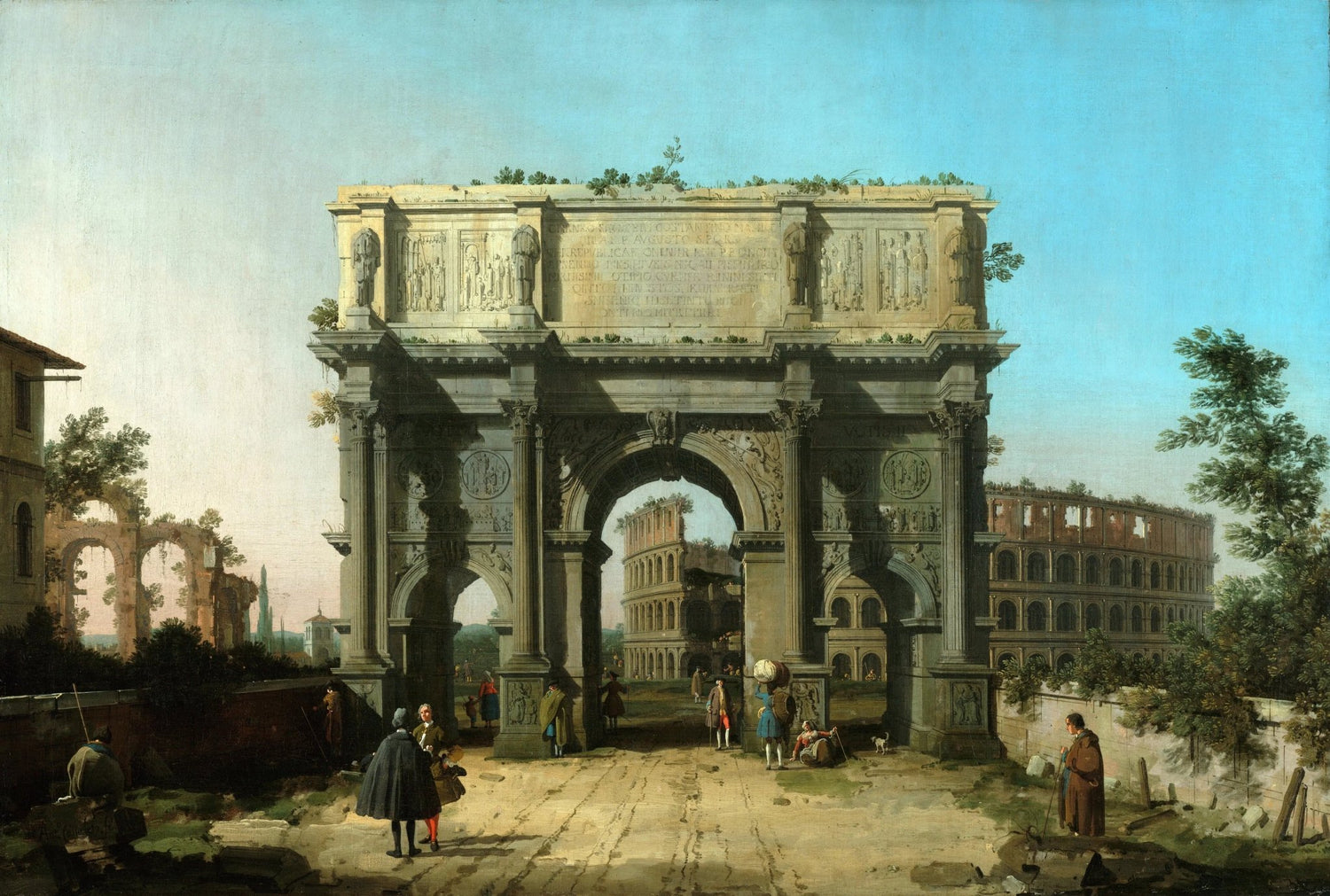 Hand painted landscape oil painting of Roman arch with Colosseum and figures, textured brushwork on canvas. - Add Frame, Canvas, Figure, Hand Painted, Landscape, Made To Order, Oil Painting