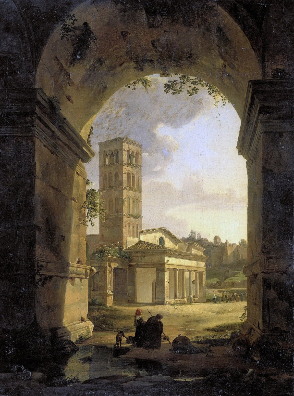 Hand-painted roman archway with bell tower view landscape oil painting on canvas
