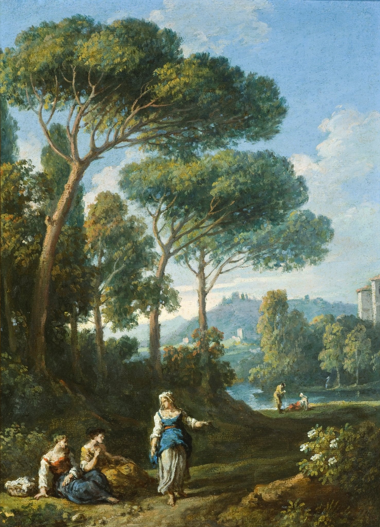 Hand painted oil on canvas landscape oil painting of Roman countryside with figures walking on path, lush forest trees, and. - Add Frame, Canvas, Country, Figure, Forest, Hand Painted, Landscape, Made To Order, Oil Painting
