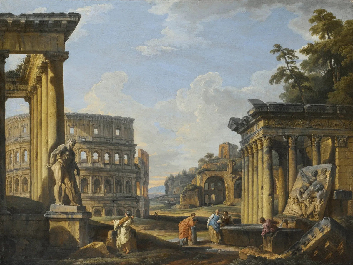Landscape oil painting of ancient Roman ruins with statues and figures, oil on canvas, textured brushwork capturing. - Add Frame, Architecture, Canvas, Figure, Hand Painted, Landscape, Made To Order, Oil Painting