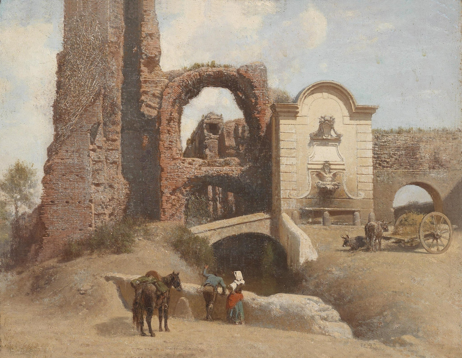 Hand-painted roman ruins with fountain and horse cart landscape oil painting on canvas