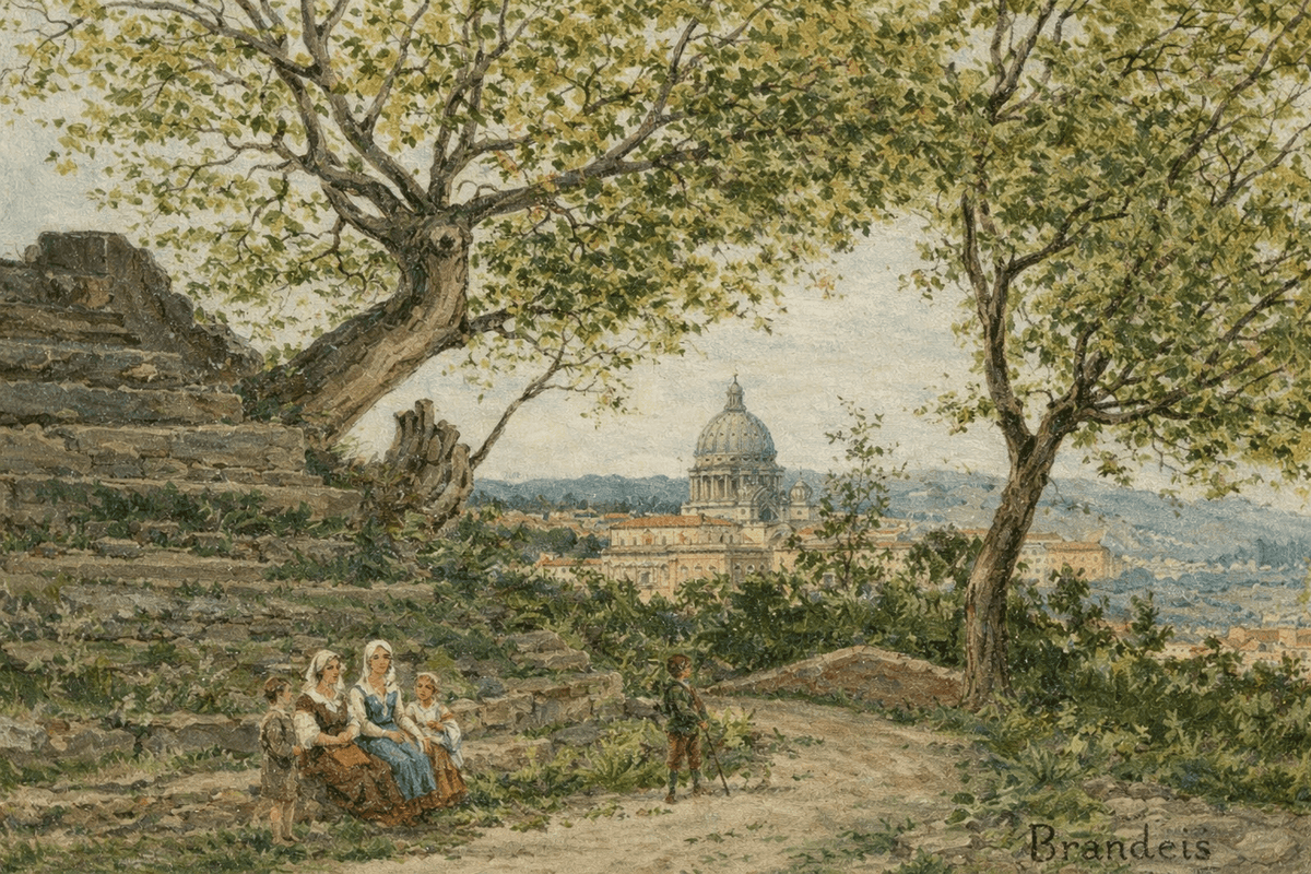 Hand-painted roman view with basilica and garden path landscape oil painting on canvas