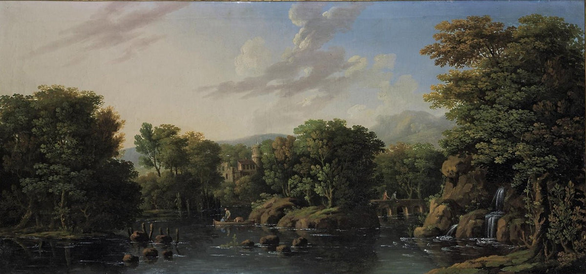 Hand-painted romantic river estate with waterfall landscape oil painting on canvas