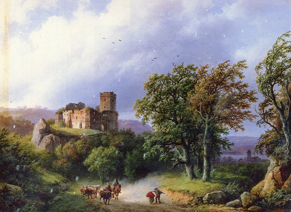 Hand-painted ruined castle road with cattle scene landscape oil painting on canvas