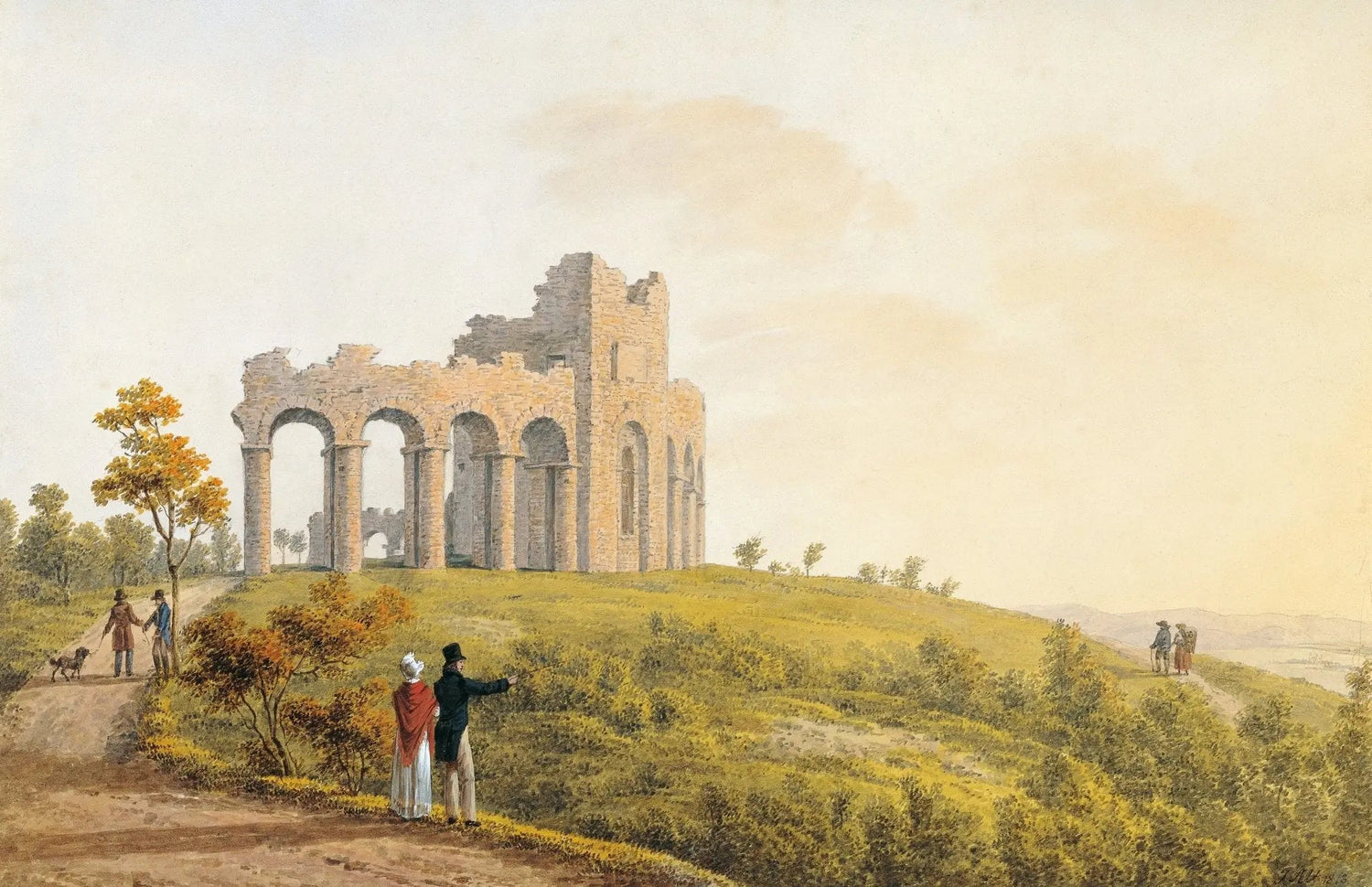 Landscape oil painting of a ruined castle on a hill with figures nearby, hand painted oil on canvas with textured brushwork. - Add Frame, Architecture, Canvas, Castle, Country, Figure, Hand Painted, Landscape, Made To Order, Mountain, Oil Painting