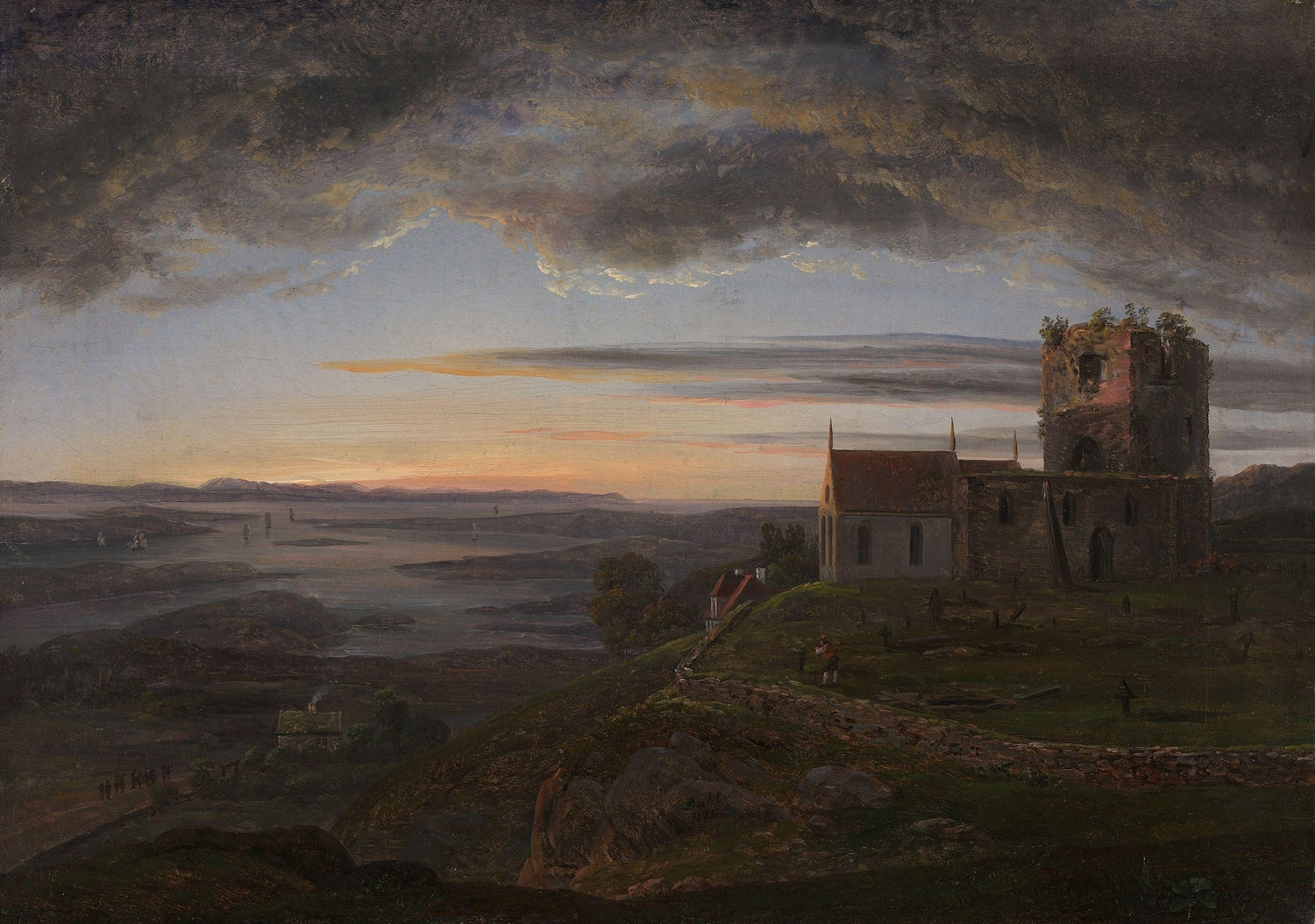 Hand-painted ruined coastal church under storm clouds landscape oil painting on canvas