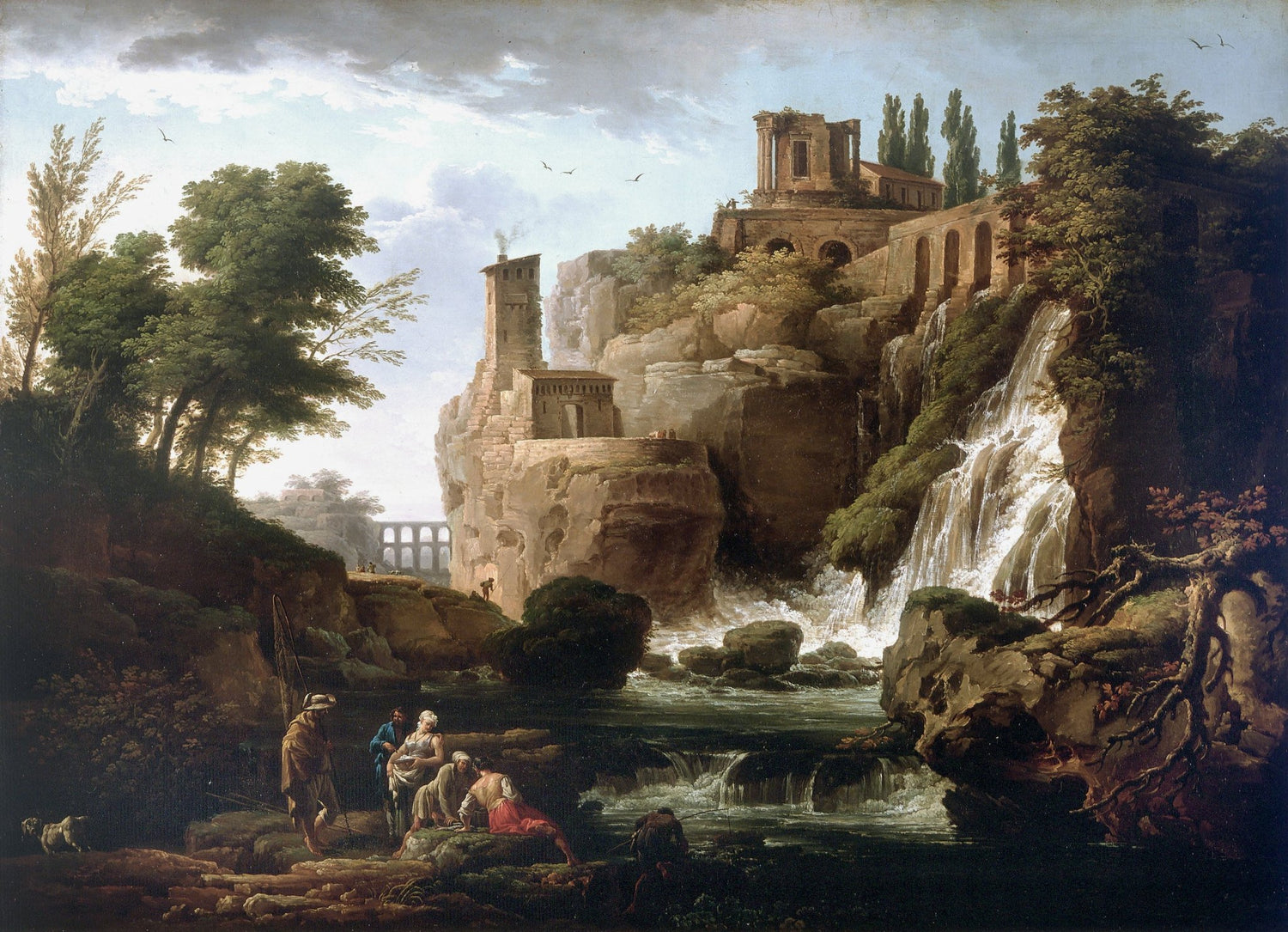 Hand-painted ruins and waterfall with figures landscape oil painting on canvas