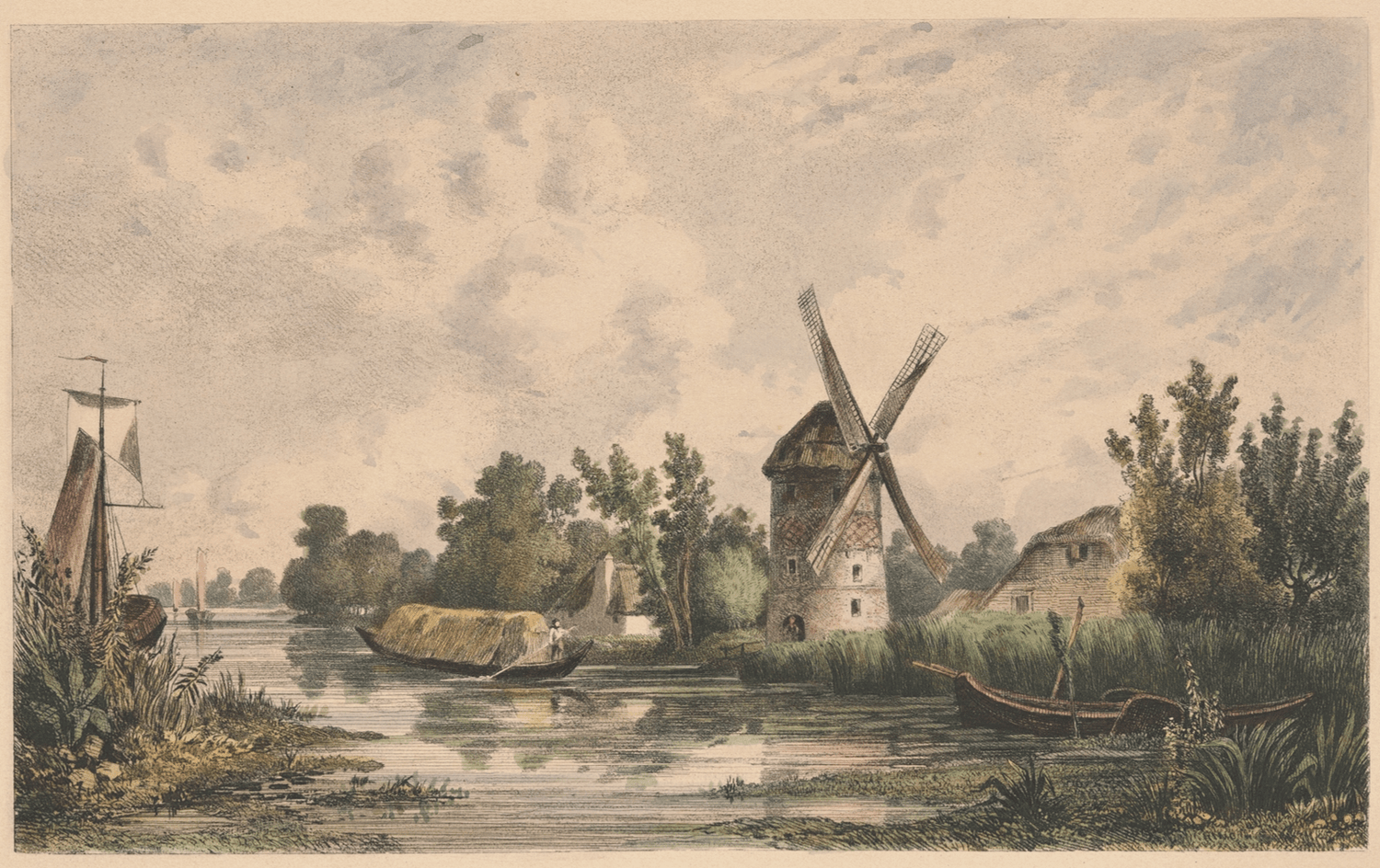 Hand-painted rural canal scene with windmill and boats landscape oil painting on canvas