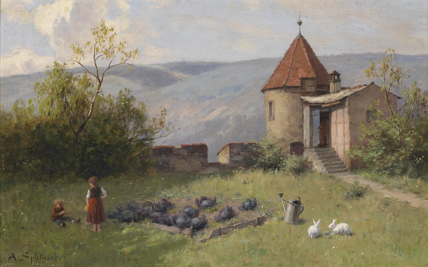 Landscape Oil Painting - Rural Cottage: Children, Cabbage Patch & Rabbits - Oil Painting Haven