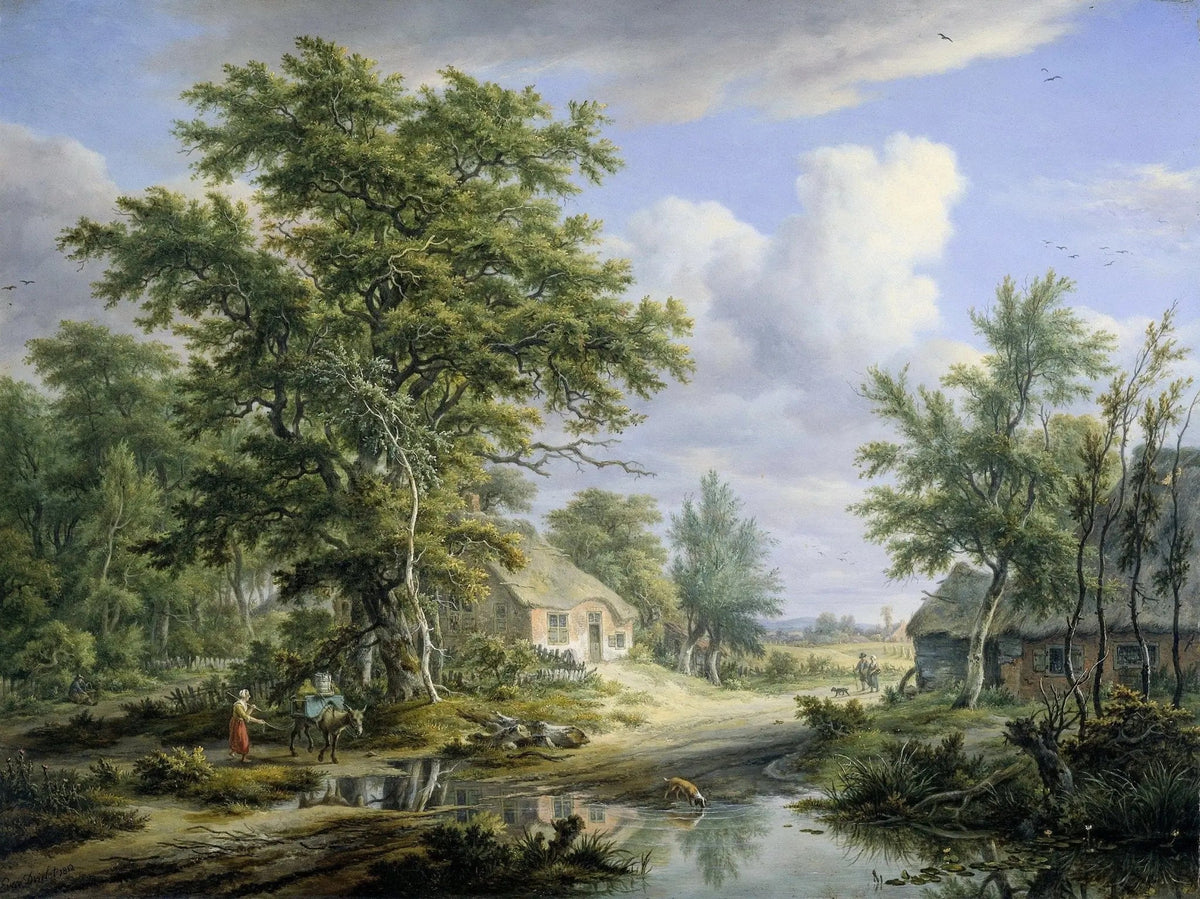 Hand painted landscape oil painting on canvas showing a rural cottage by a river with textured brushwork and a figure near. - Add Frame, Animal, Canvas, Cottage, Country, Figure, Hand Painted, Landscape, Made To Order, Oil Painting