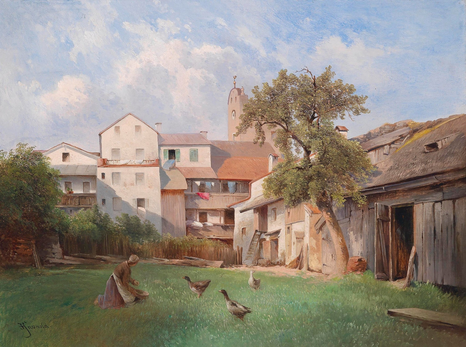 Landscape Oil Painting - Rural Courtyard Life,Peasant Woman, Geese - Oil Painting Haven