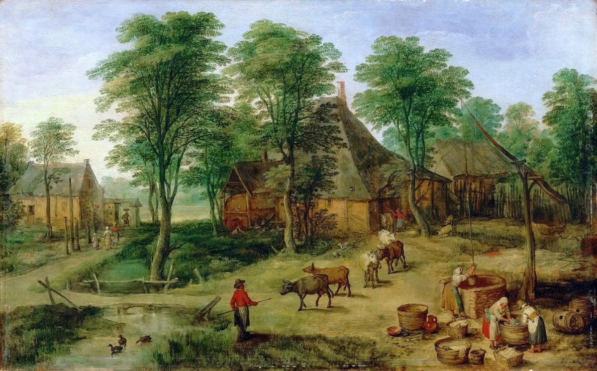 Hand painted landscape oil painting on canvas featuring rural farm scene with figures, cows, rustic barns, trees, and. - Add Frame, Animal, Canvas, Country, Farm, Figure, Hand Painted, Landscape, Made To Order, Oil Painting