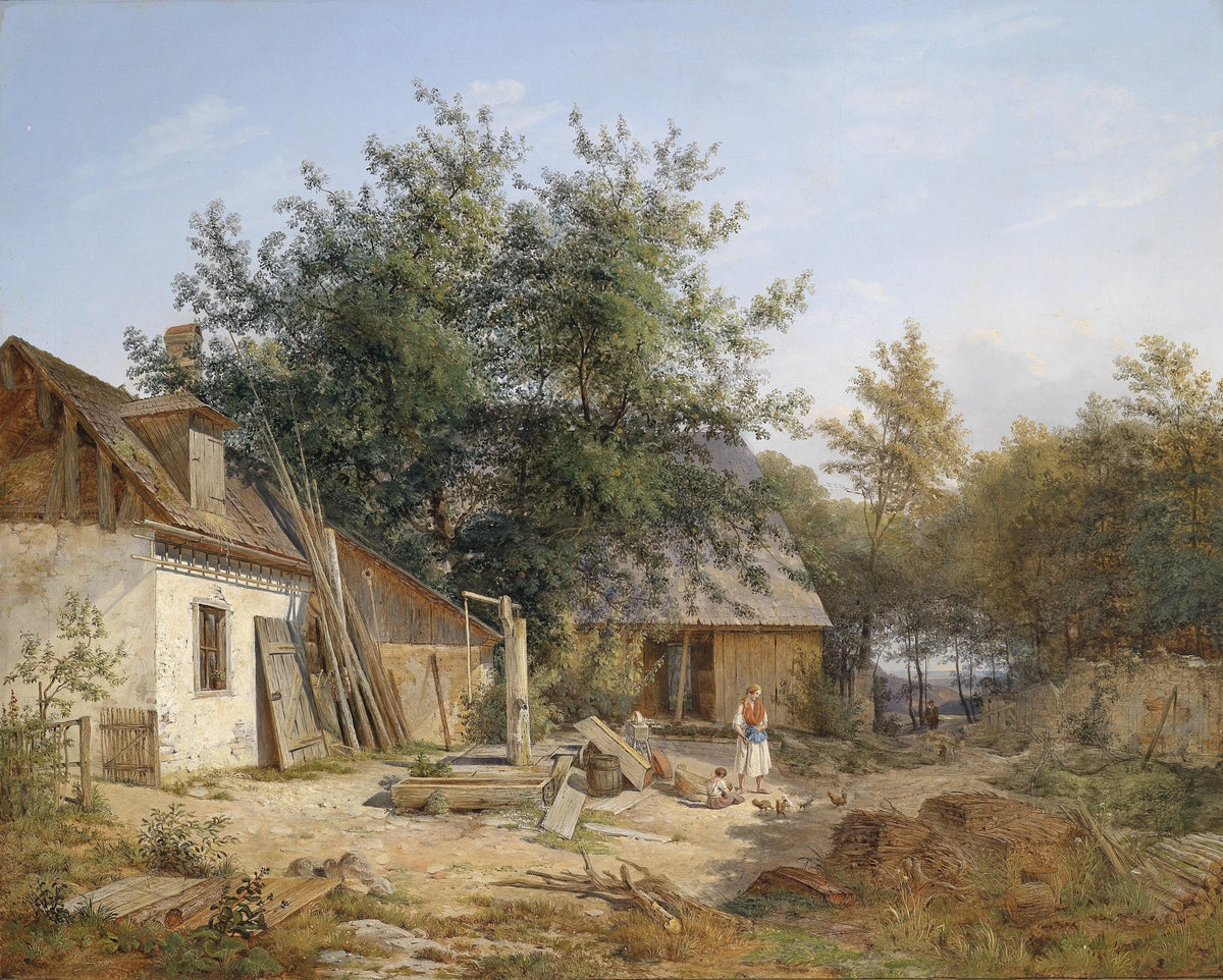 Hand painted oil on canvas landscape oil painting of a rural farmyard with cottage, woman, and child amid textured brushwork . - Canvas, Cottage, Country, Figure, Hand Painted, Landscape, Made To Order, Oil Painting