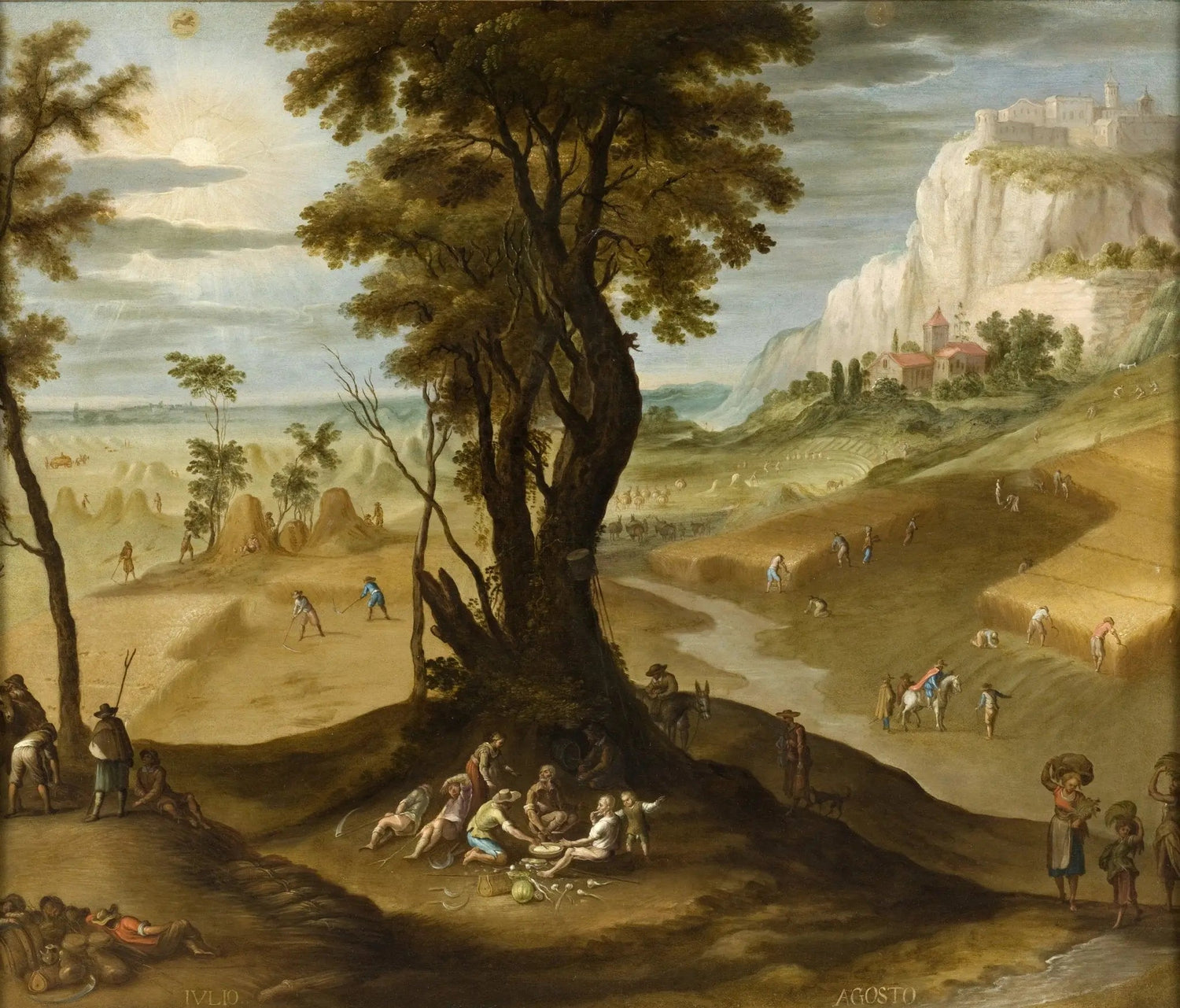 Hand-painted rural harvest scene with figures landscape oil painting on canvas