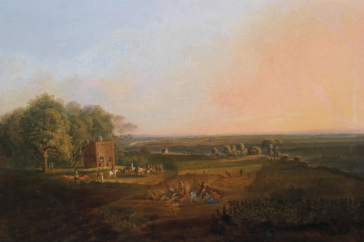 Landscape oil painting of rural harvest scene with workers near a watch hut at dusk, oil on canvas with textured brushwork. - Animal, Canvas, Country, Field, Hand Painted, Landscape, Made To Order, Oil Painting, Sunset